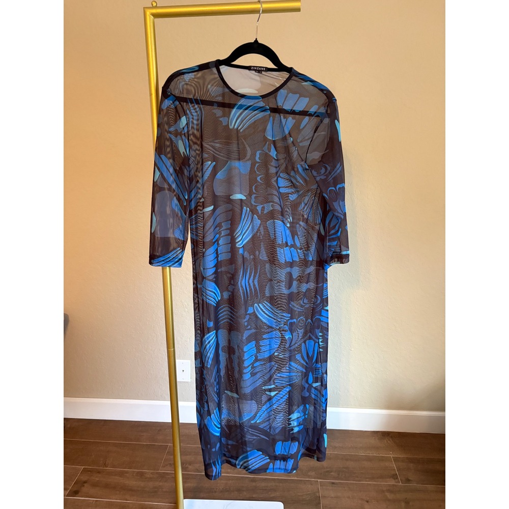 Zinzane Midi Dress Blue Black Abstract Print Mesh Sheer 3/4 Sleeve Size M